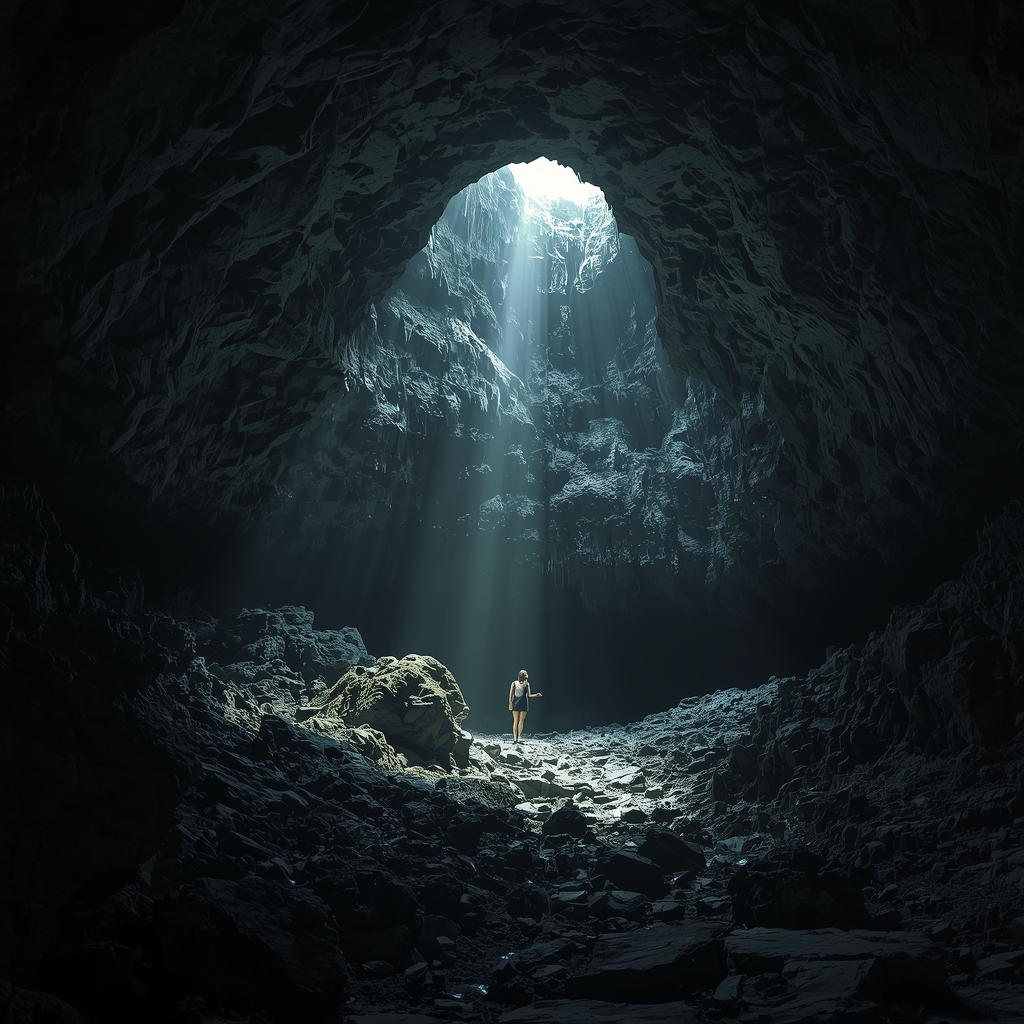 A massive underground cave illuminated by a single shaft of light from an opening above, dramatic subterranean landscape, highly detailed, photorealistic dark aesthetic --no human, woman